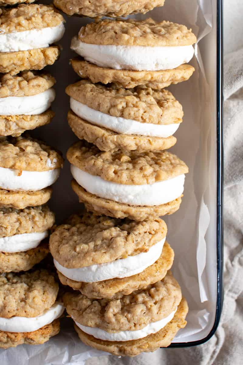 Ice cream cookies stacked in a tray. 