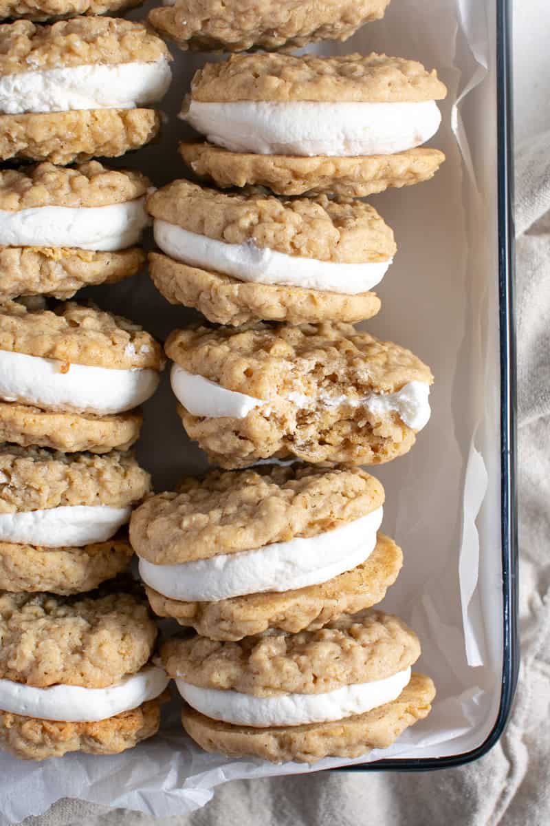 Oatmeal ice cream sandwich cookies in a pan. 