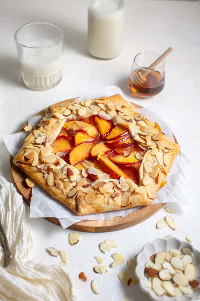 Almond Peach Galette on parchment paper. 