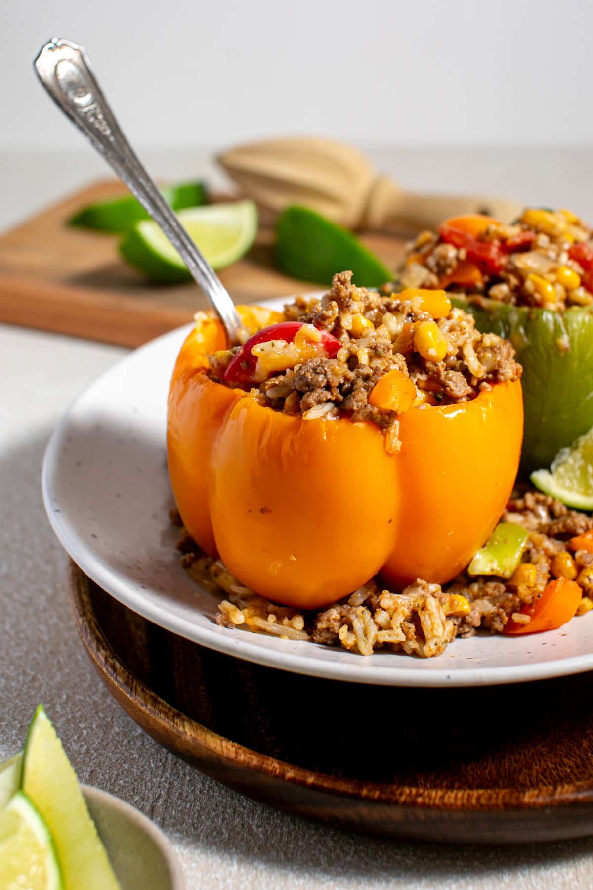 Stuffed Bell Peppers recipe with a fork grabbing a bite. 