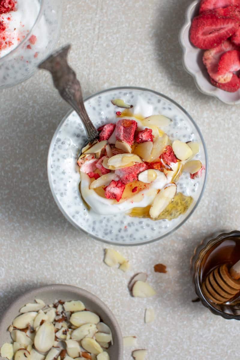 Chia Seed Pudding with freeze dried strawberries.