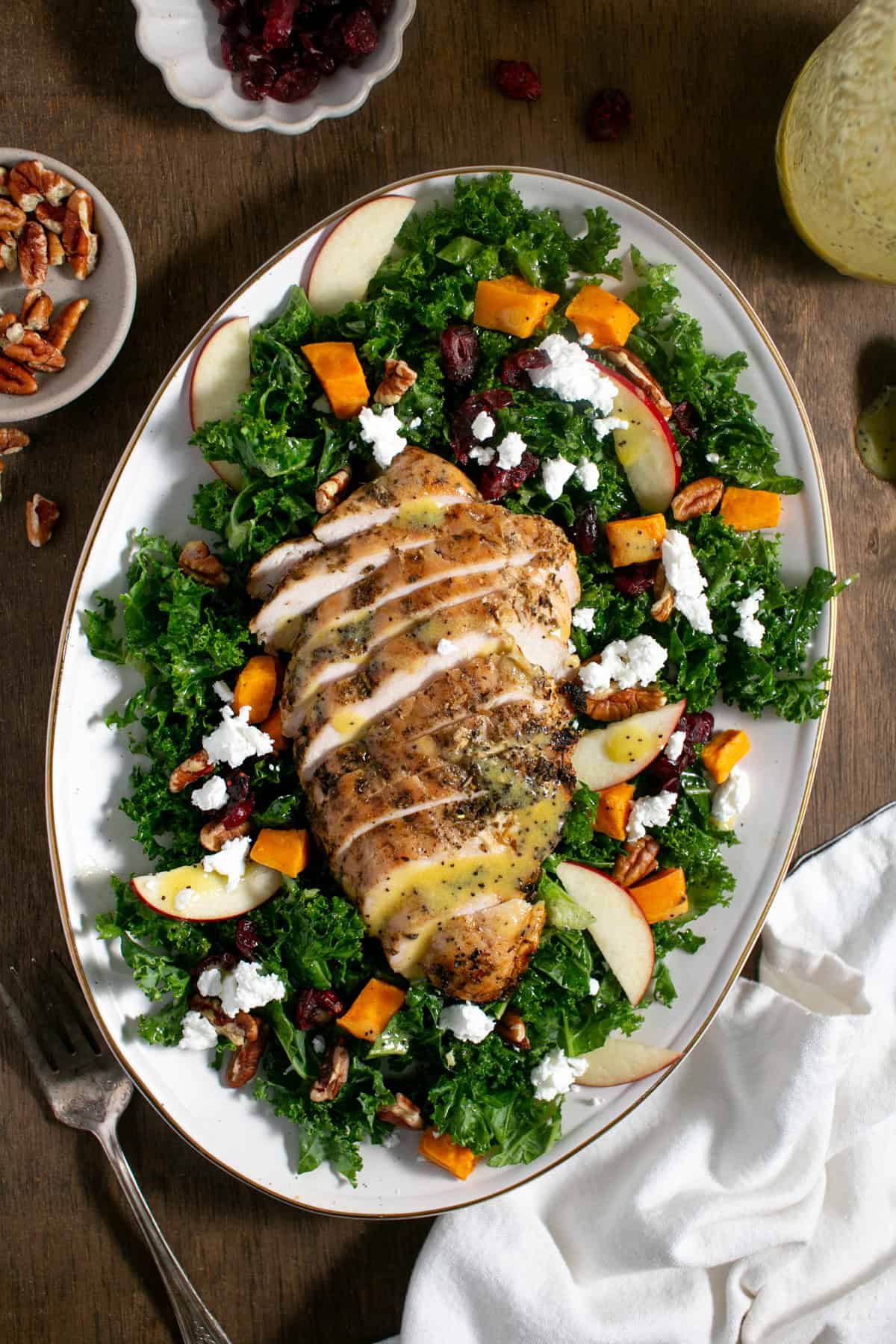 Sweet Potato Kale Salad with Honey Mustard Dressing in a large bowl.