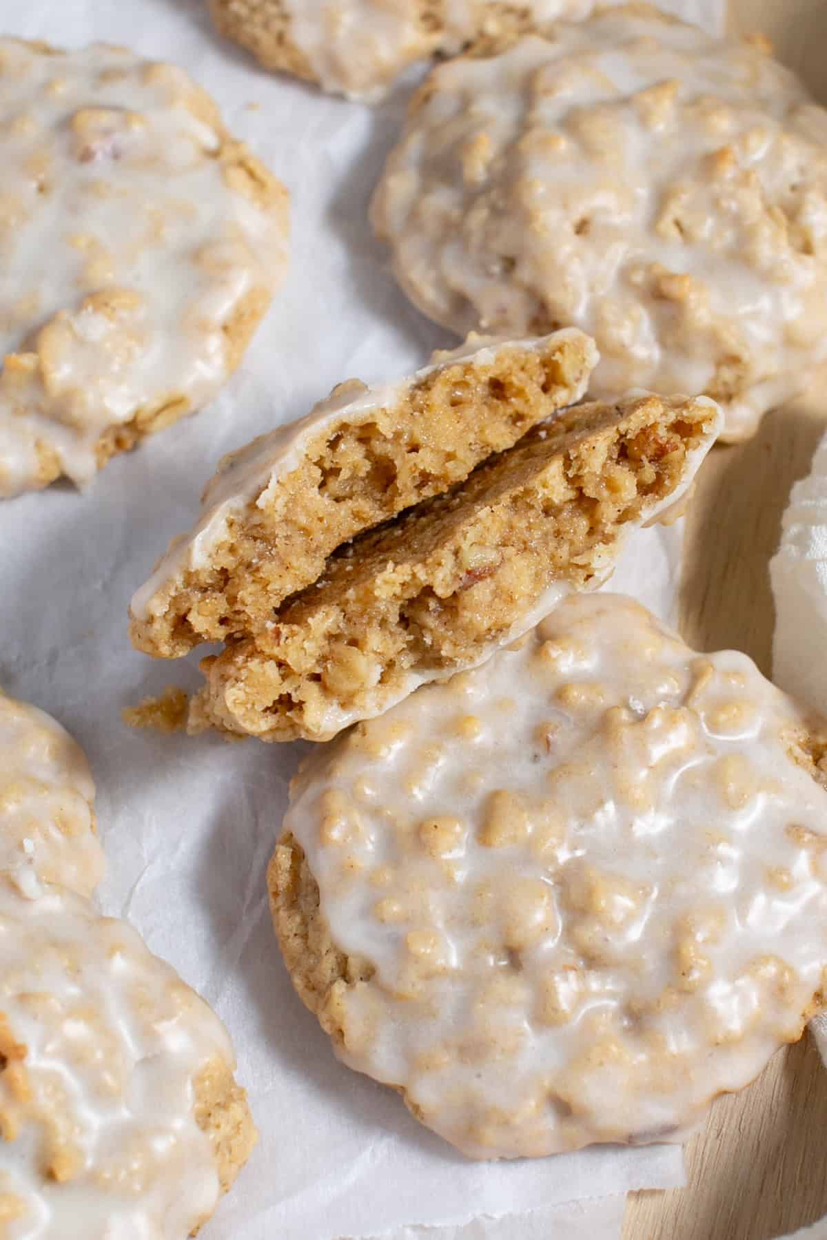 Maple Glazed Oatmeal Cookies broken in half. 