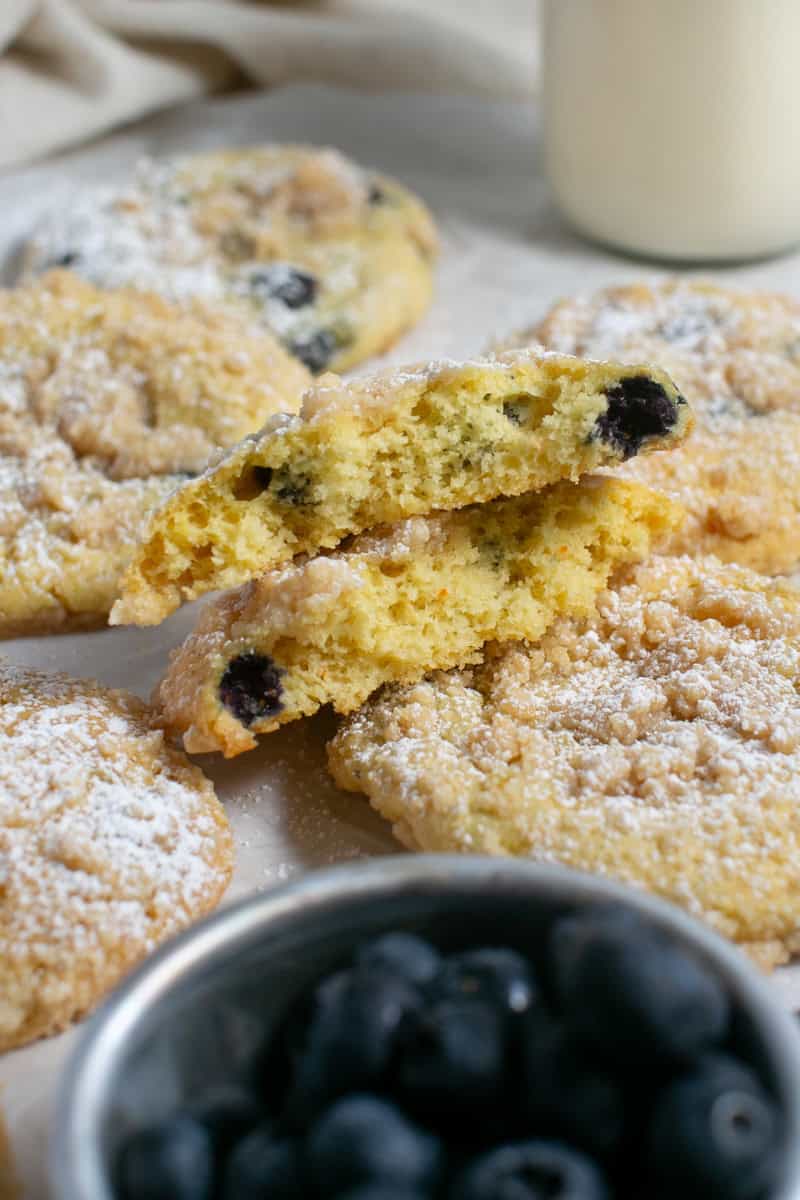 Cake mix blueberry muffin tops on parchment paper. 