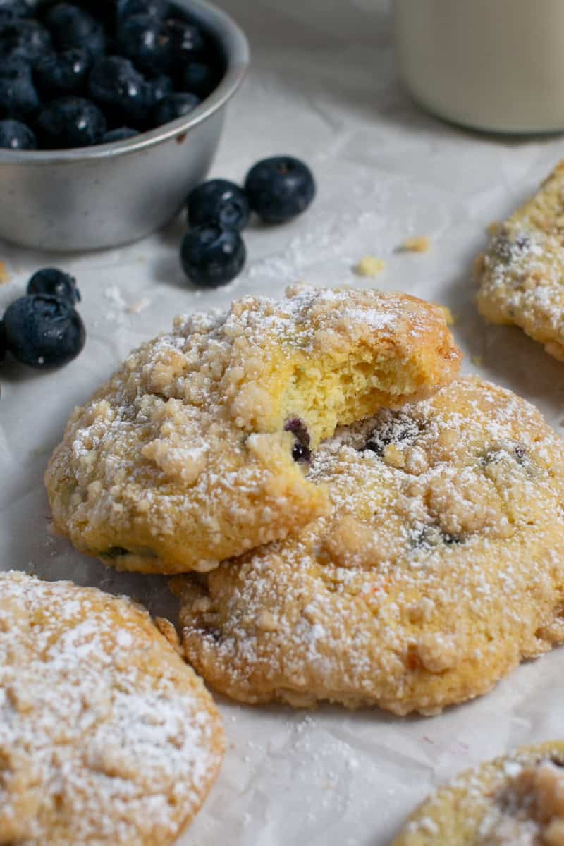 Blueberry cake mix muffin tops stacked on other muffin tops. 