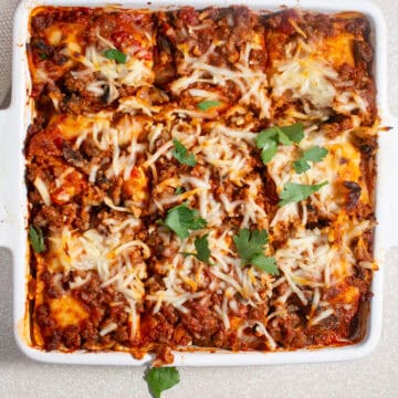 Ravioli lasagna in a baking dish.