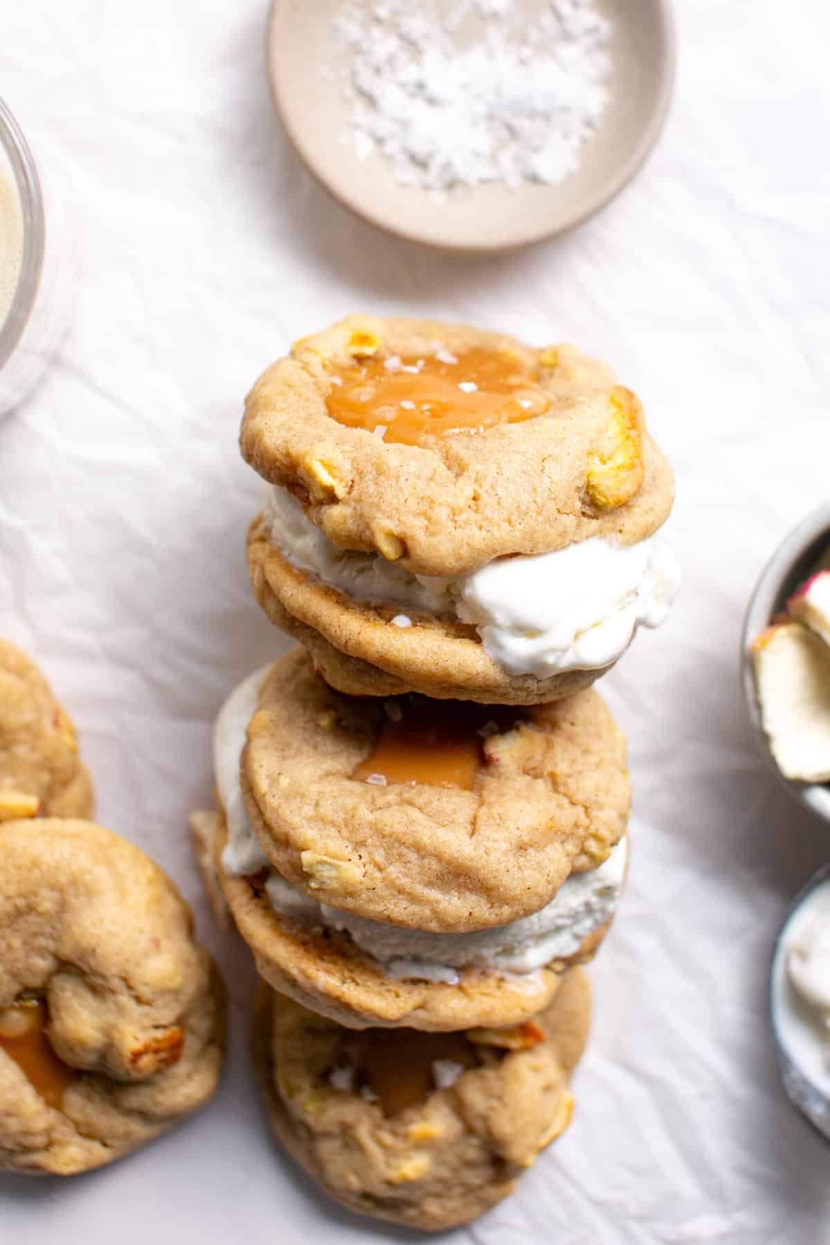 Caramel Apple Cookie Ice Cream Sandwich stacked together. 