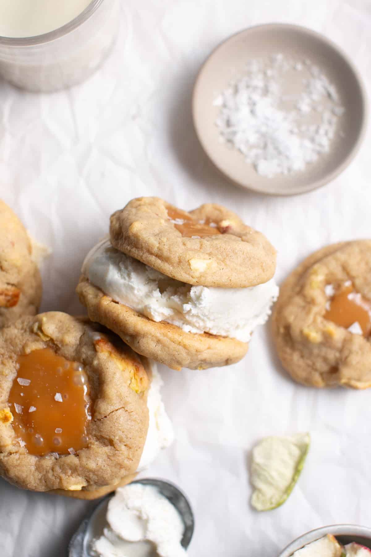 Caramel Apple Cookie Ice Cream Sandwich stacked on the side. 