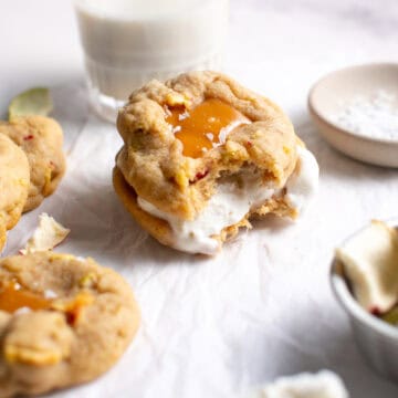 Caramel Apple Cookie Ice Cream Sandwich with a bite missing.