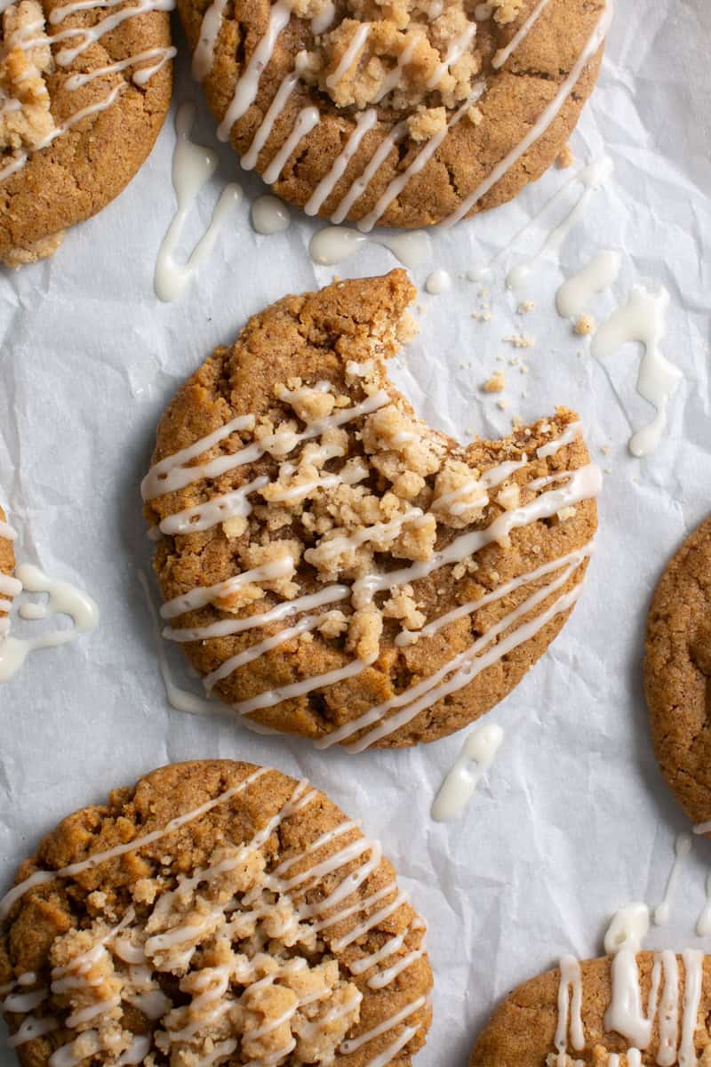 Pumpkin Coffee Cake Cookies with a bite missing.