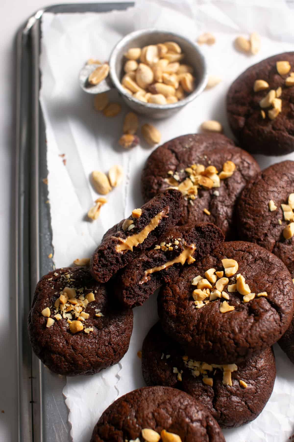 Peanut Butter Nutella Stuffed Cookie on a sheet tray.