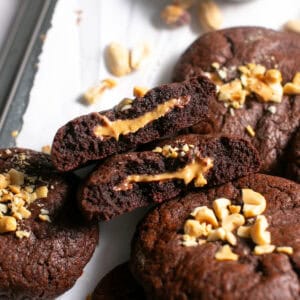 Peanut Butter Nutella Stuffed Cookie Recipe with Peanuts broken in half.