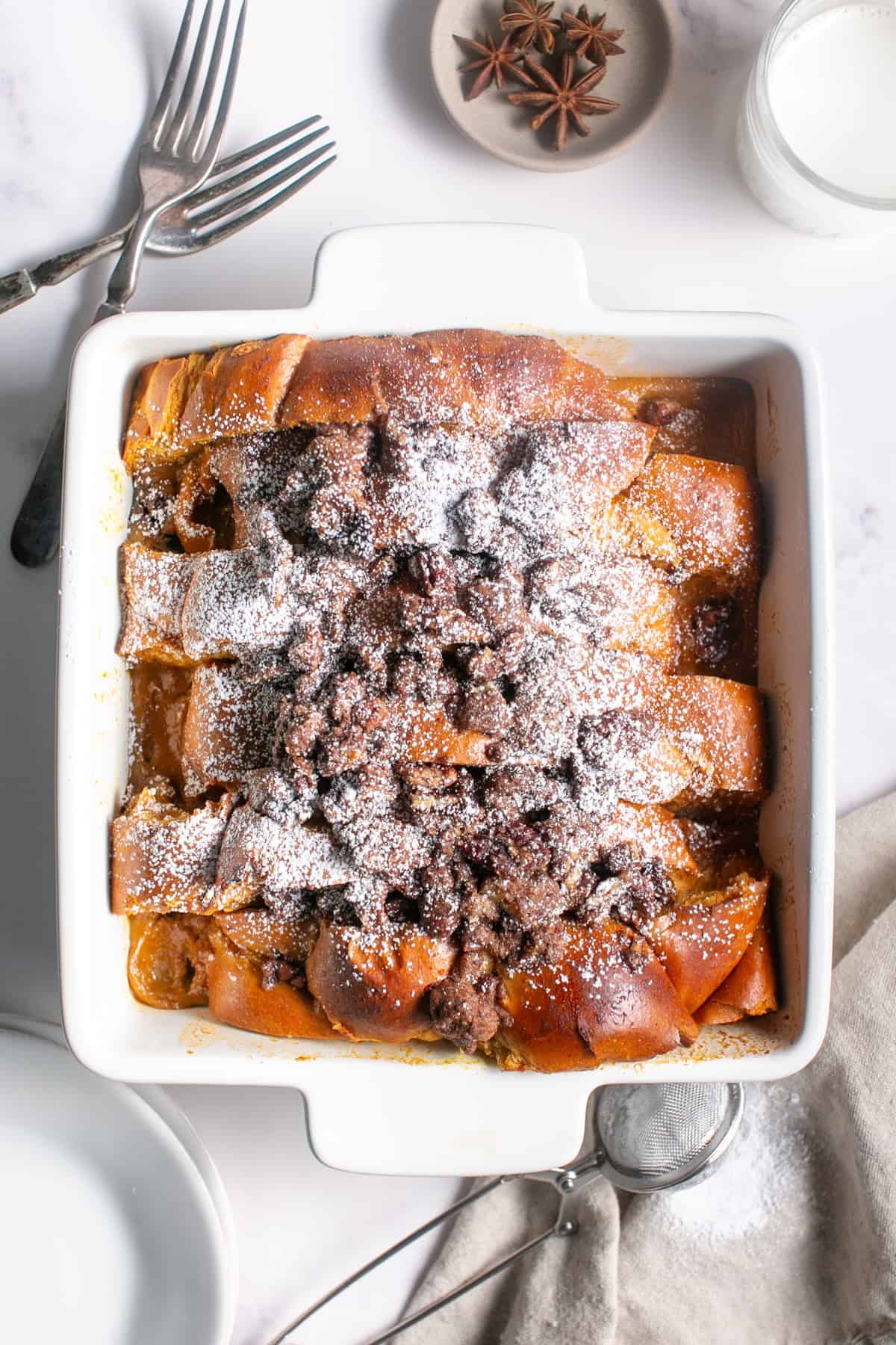 Pumpkin French Toast Bake with powdered sugar on top.