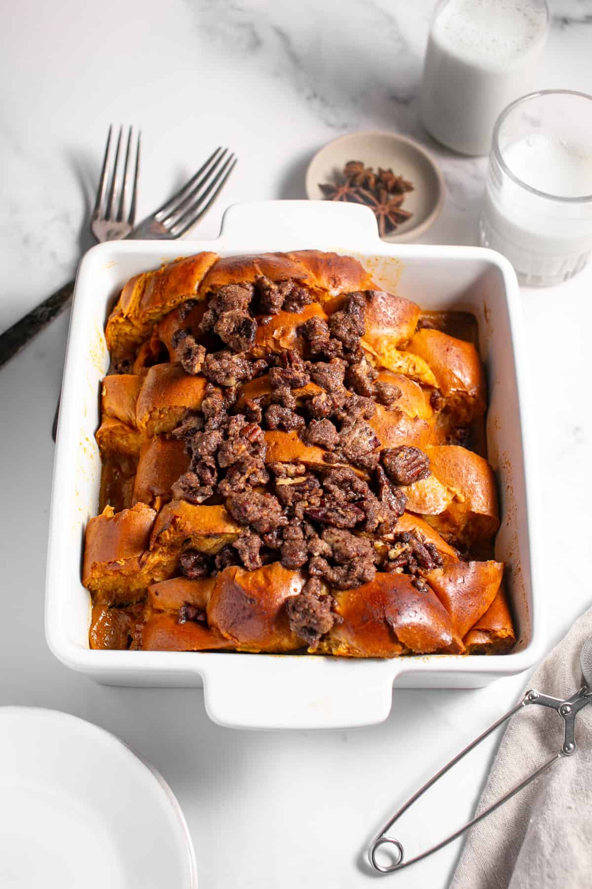 Pumpkin French Toast Bake with a glass of milk.