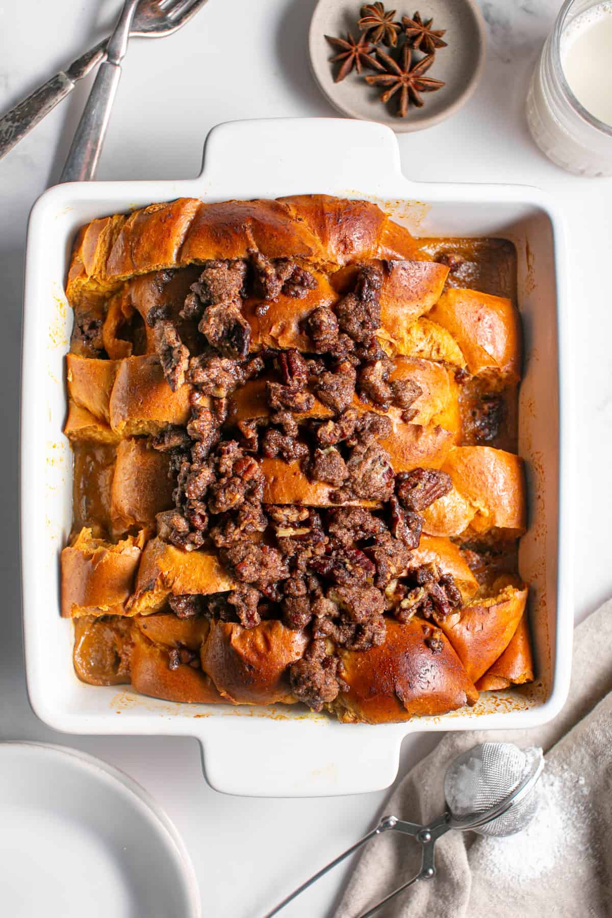 Pumpkin French Toast Bake in a casserole dish.