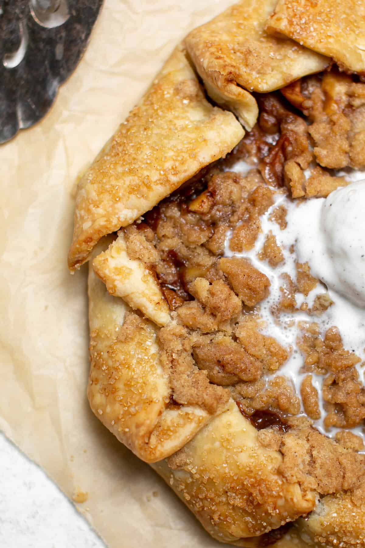 Apple Crumble Galette with ice cream on top. 