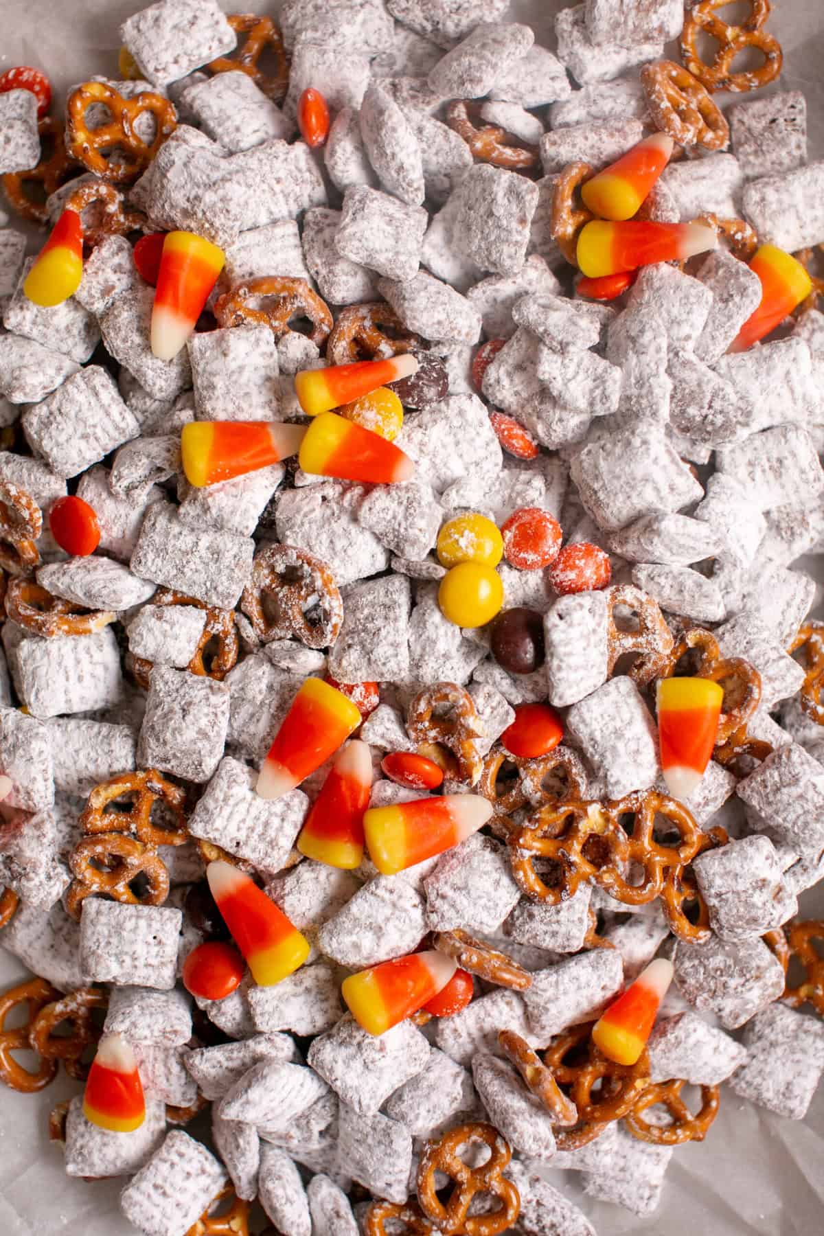 Halloween Puppy chow on a baking sheet. 