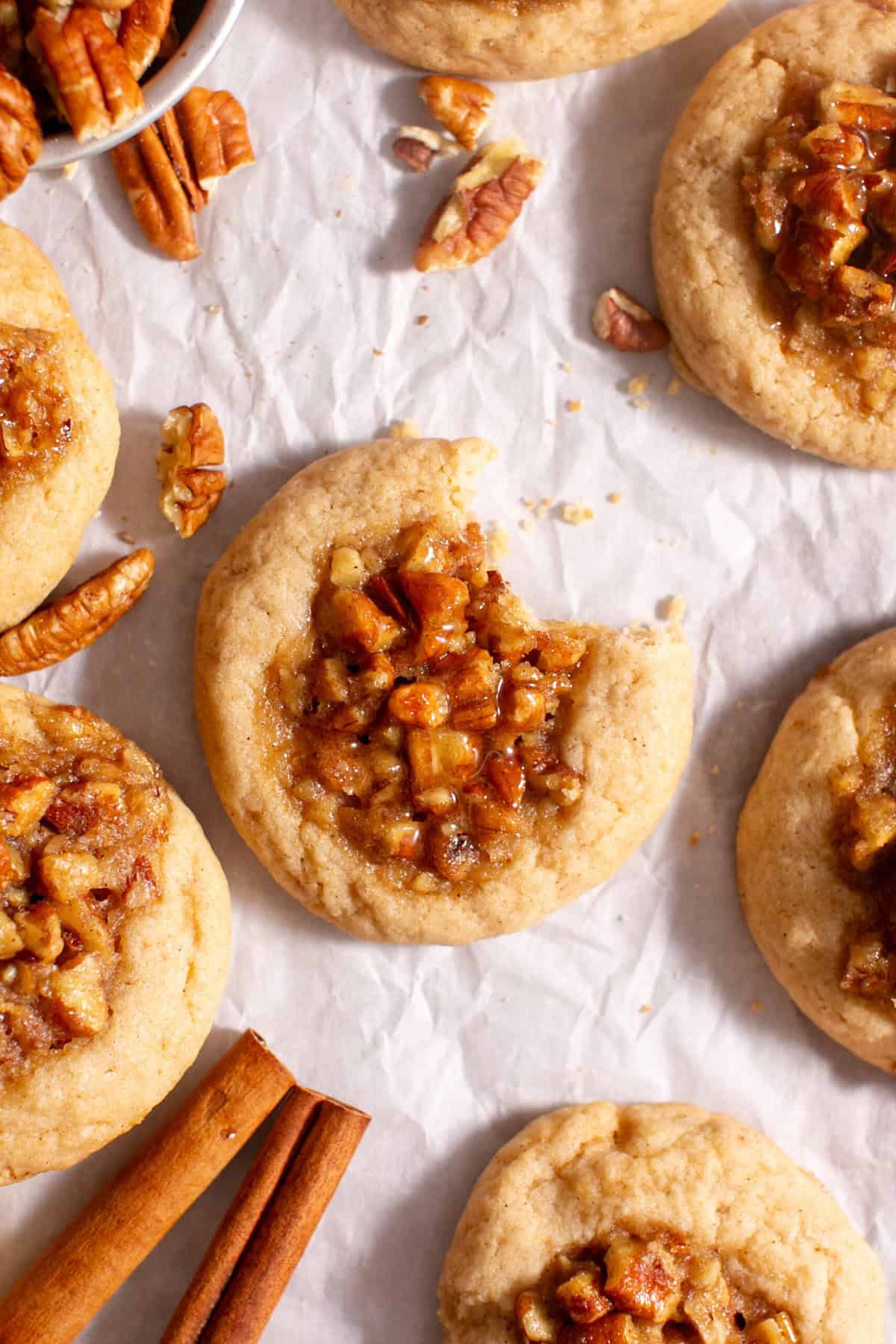 Pecan Pie cookies on parchment paper. 