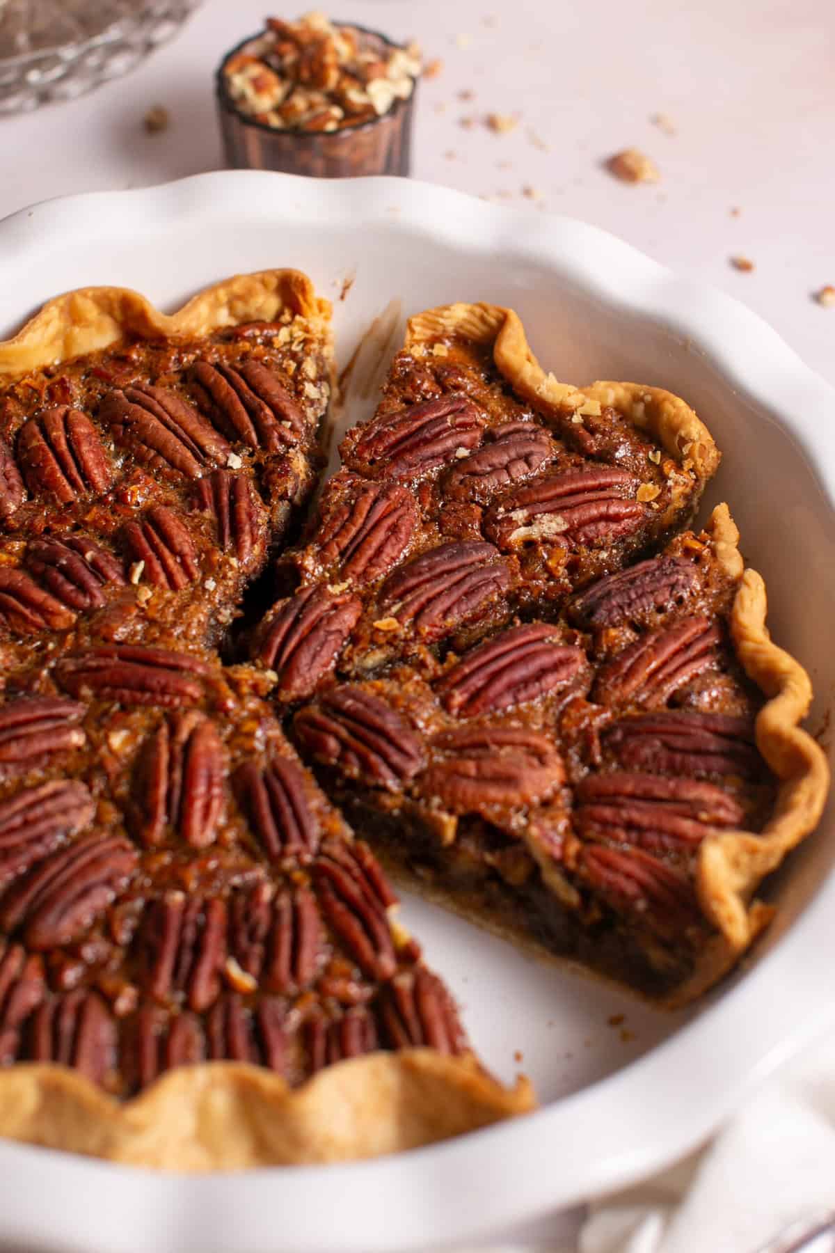 Chocolate Pecan pie in a pie dish. 