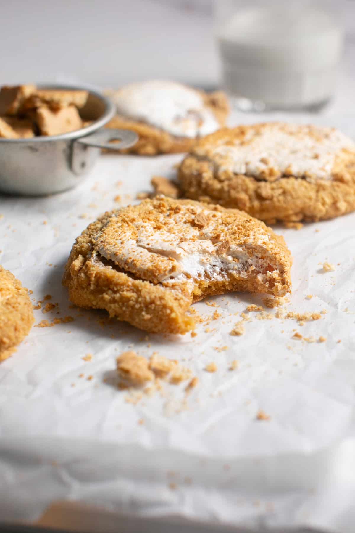 Marshmallow Fluff Cookies with a bite missing. 