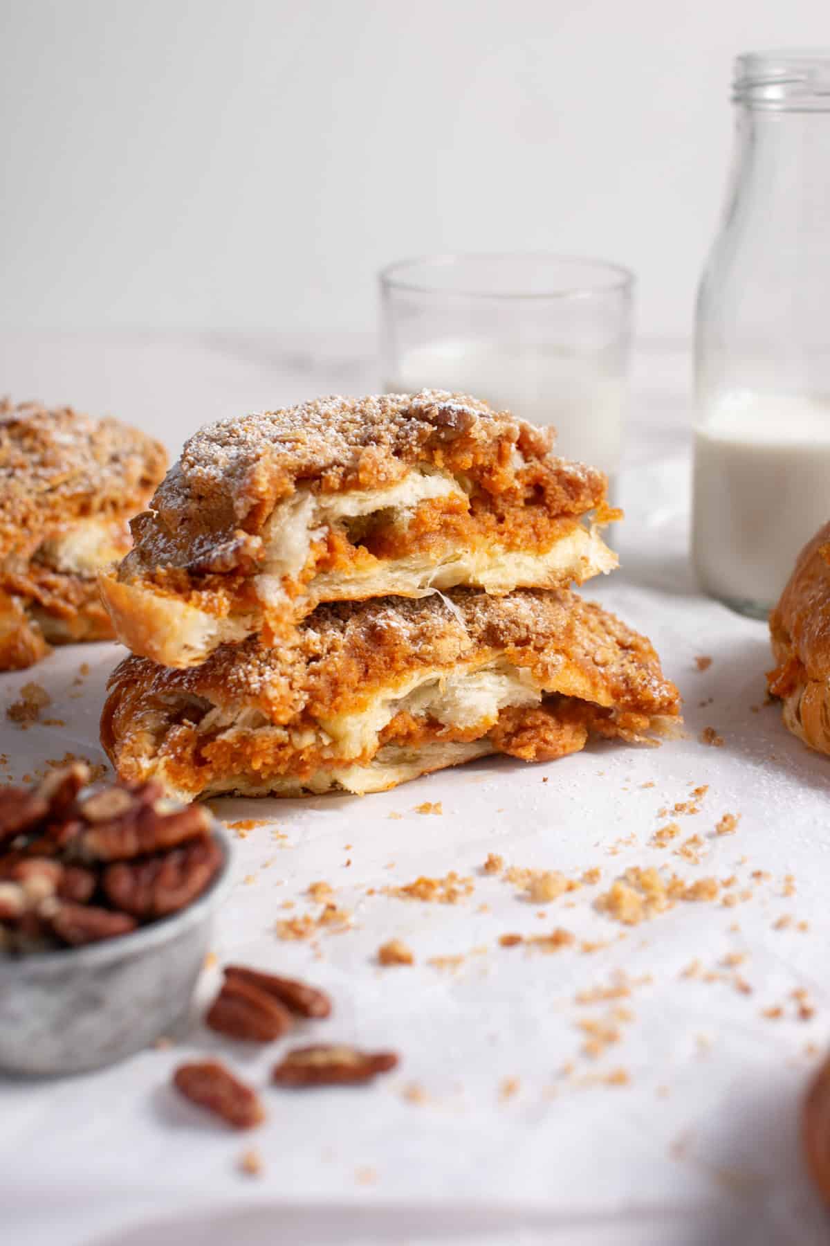 Pumpkin Pie Croissants broken in half. 