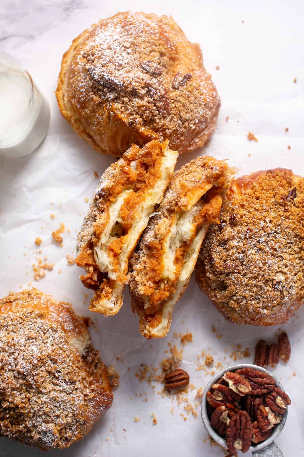 Pumpkin Pie Croissants with a glass of milk.