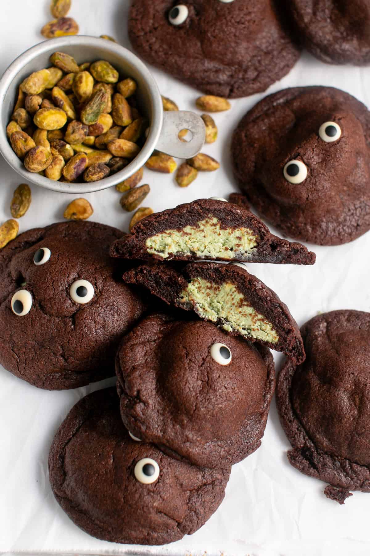 White Chocolate Pistachio cookies on a baking sheet. 