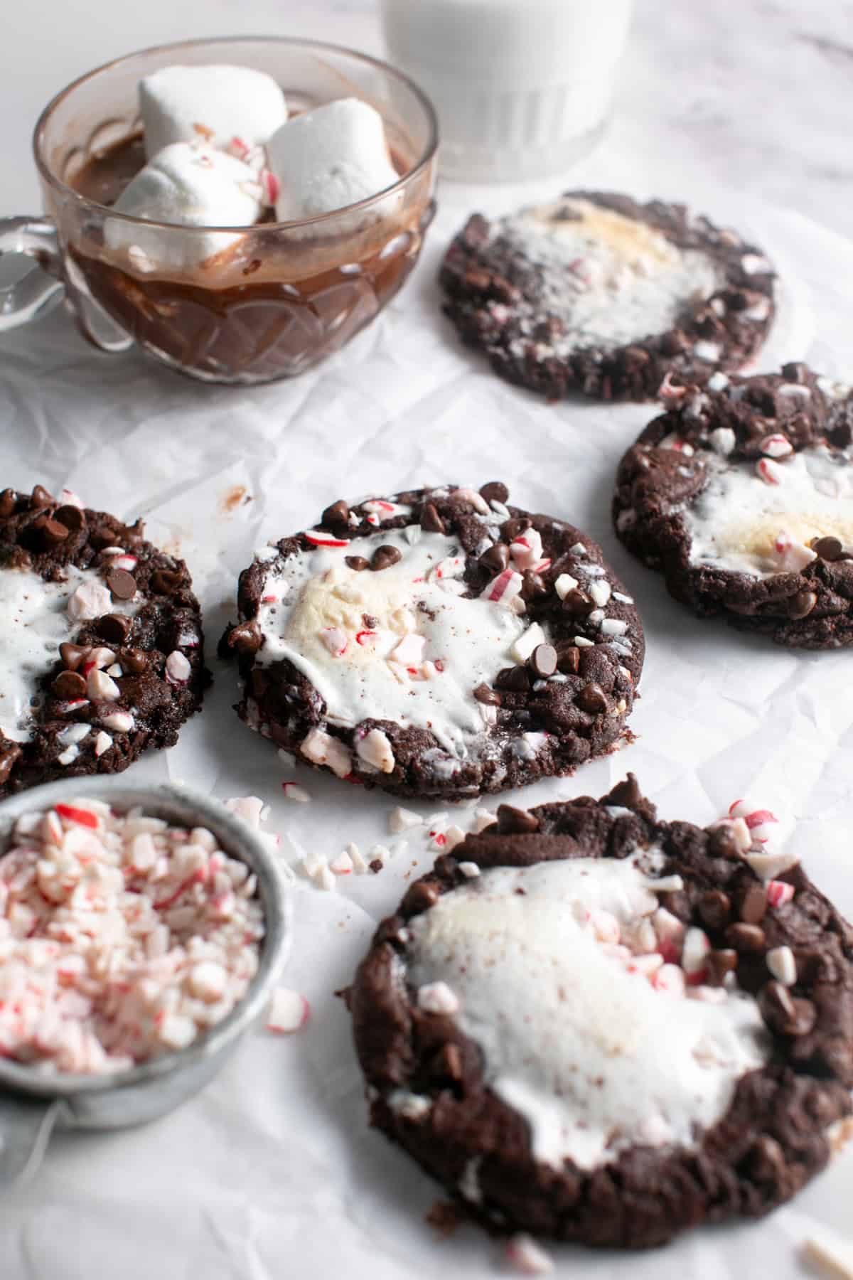 Peppermint Marshmallow Hot Chocolate Cookies on parchment paper.