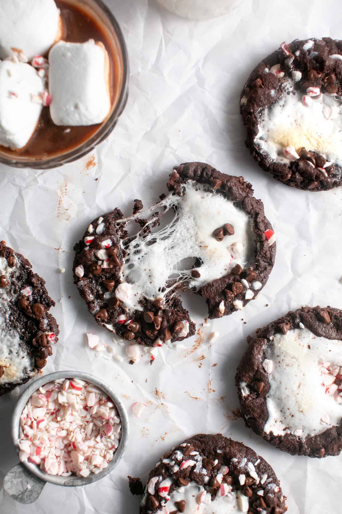 Peppermint Marshmallow Hot Chocolate Cookies with peppermint pieces.