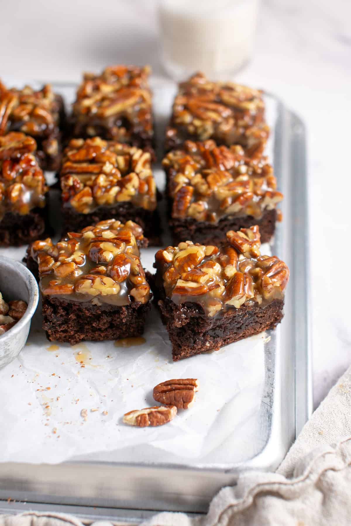 Pecan Pie Brownies on a sheet pan.