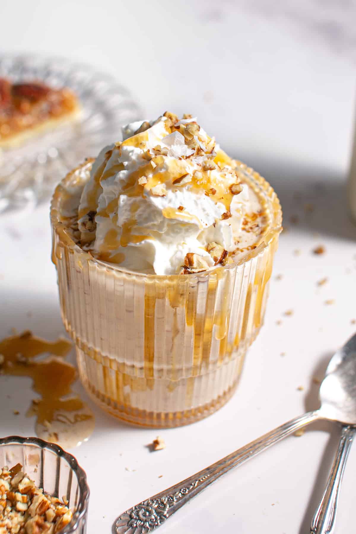 Salted Caramel Pecan Pie Milkshake  with a caramel drizzle.