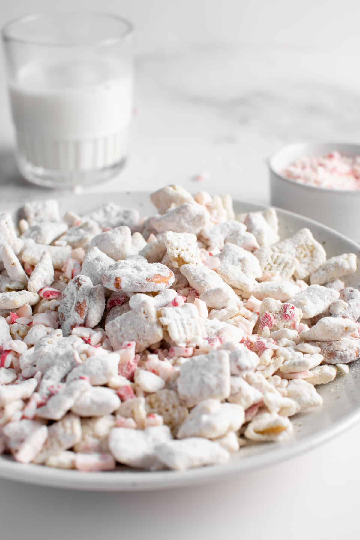 White Chocolate Peppermint Puppy Chow in a large bowl.