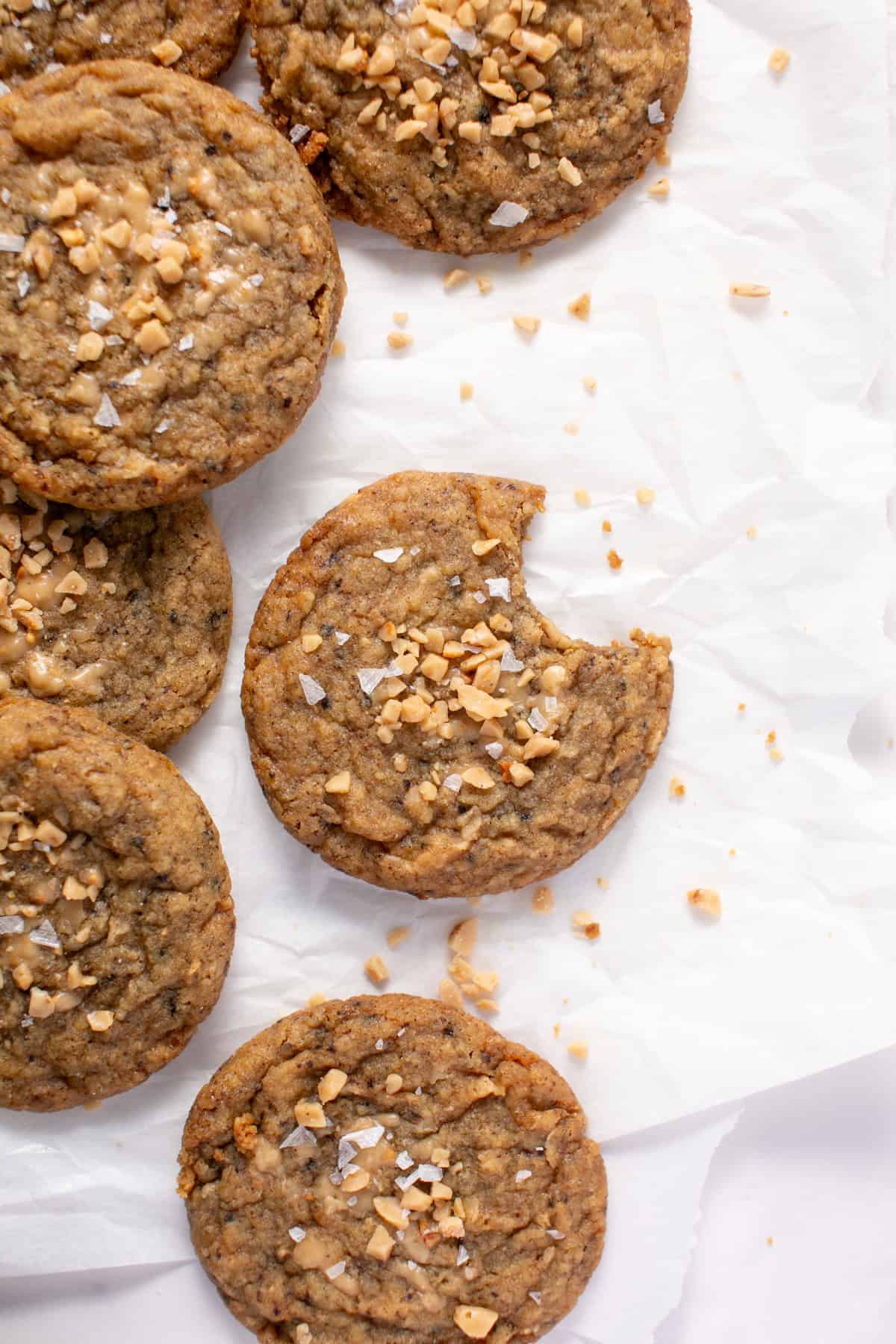 Toffee Coffee Browned Butter Cookie Recipe on parchment paper. 