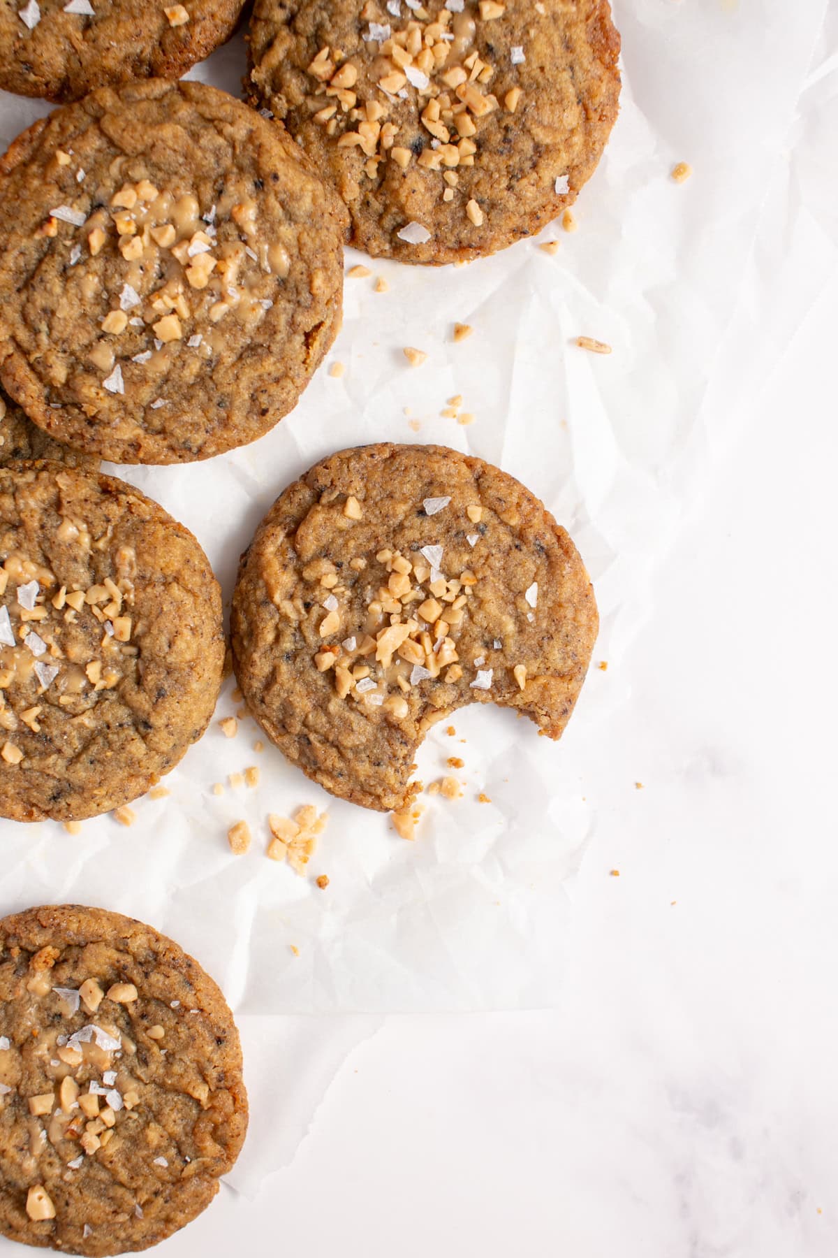 Toffee Coffee Browned Butter Cookie Recipe with a bite missing. 