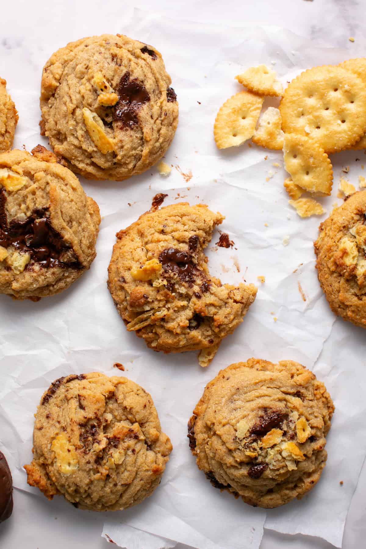 Peanut Butter Chocolate Cracker Cookies with a bite missing. 