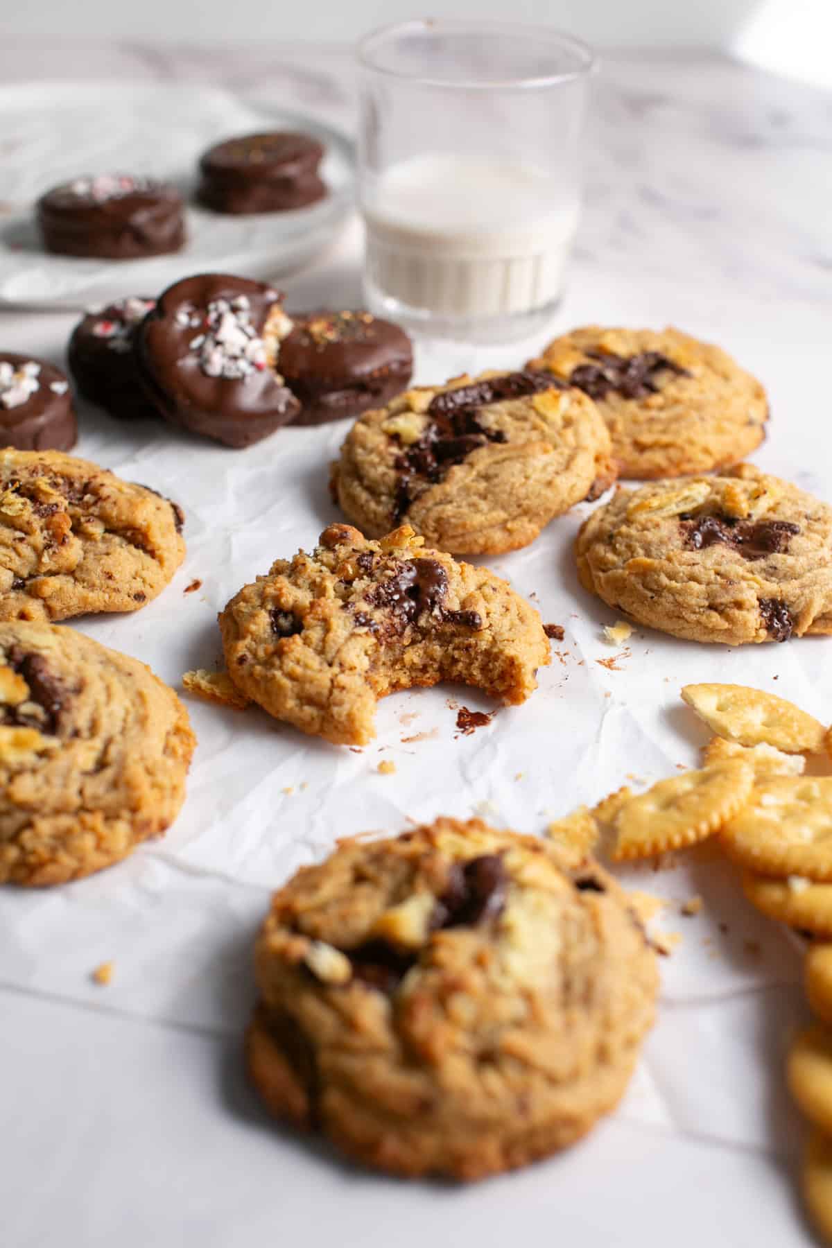 Peanut Butter Chocolate Cracker Cookies with a glass of milk. 