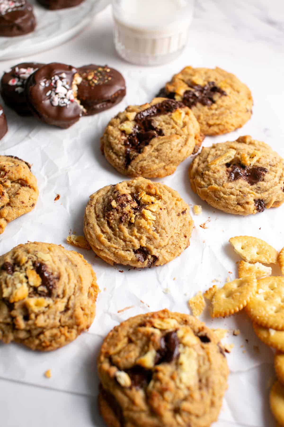 Peanut Butter Chocolate Cracker Cookies on parchment paper. 