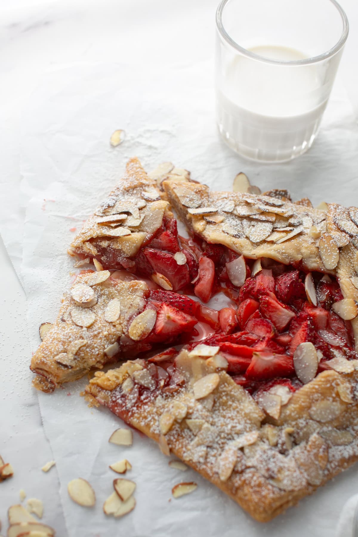 Strawberry Almond Galette cut into slices.