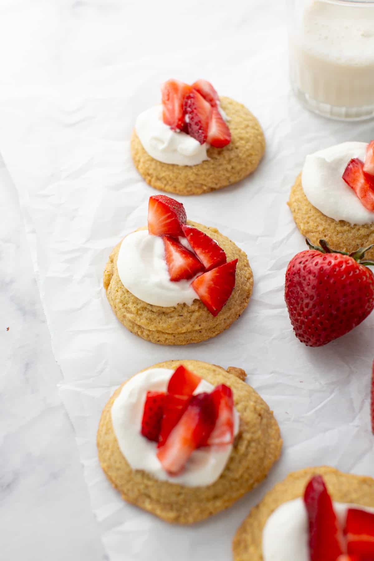 Strawberry Shortcake Cornbread Cookie with whipped cream.