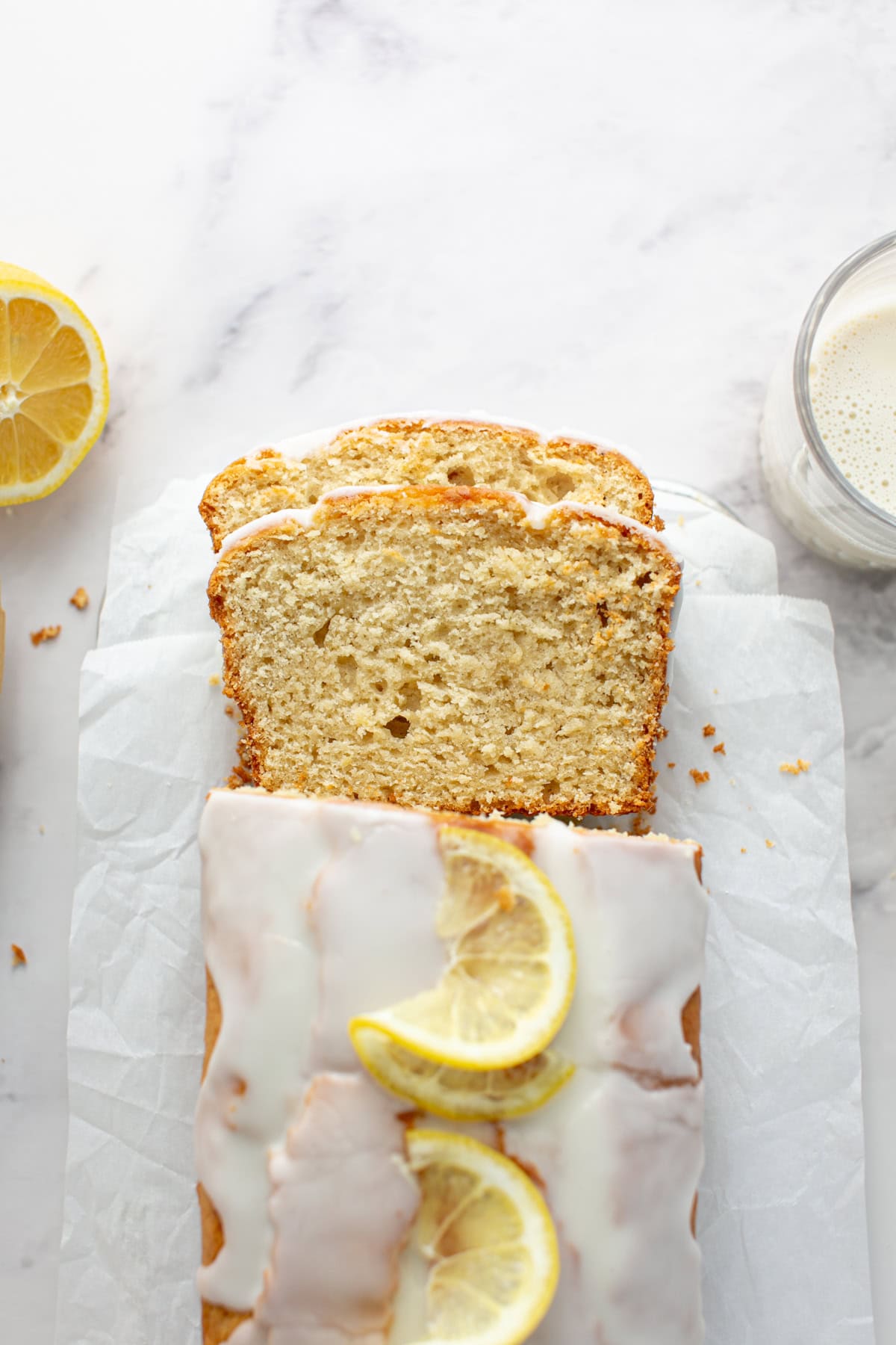 Earl Grey Tea Loaf Cake with a glass of milk.