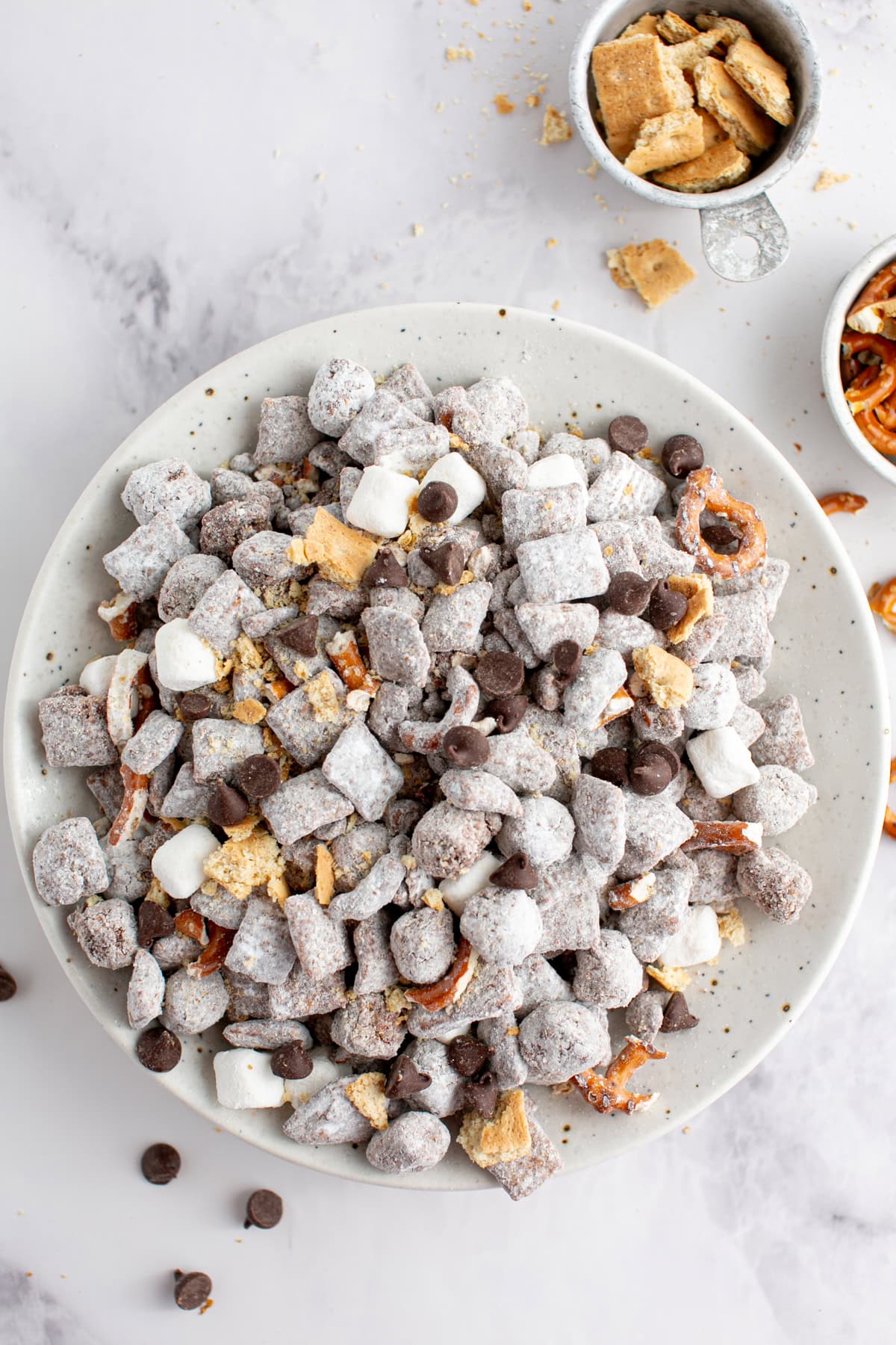 Sweet and salty S'mores Puppy Chow in a bowl.