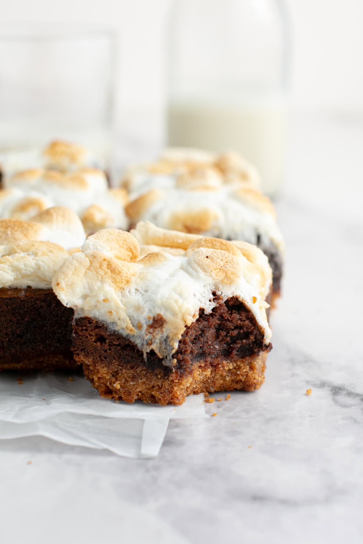 S’mores Brownie Recipe with a bite missing.
