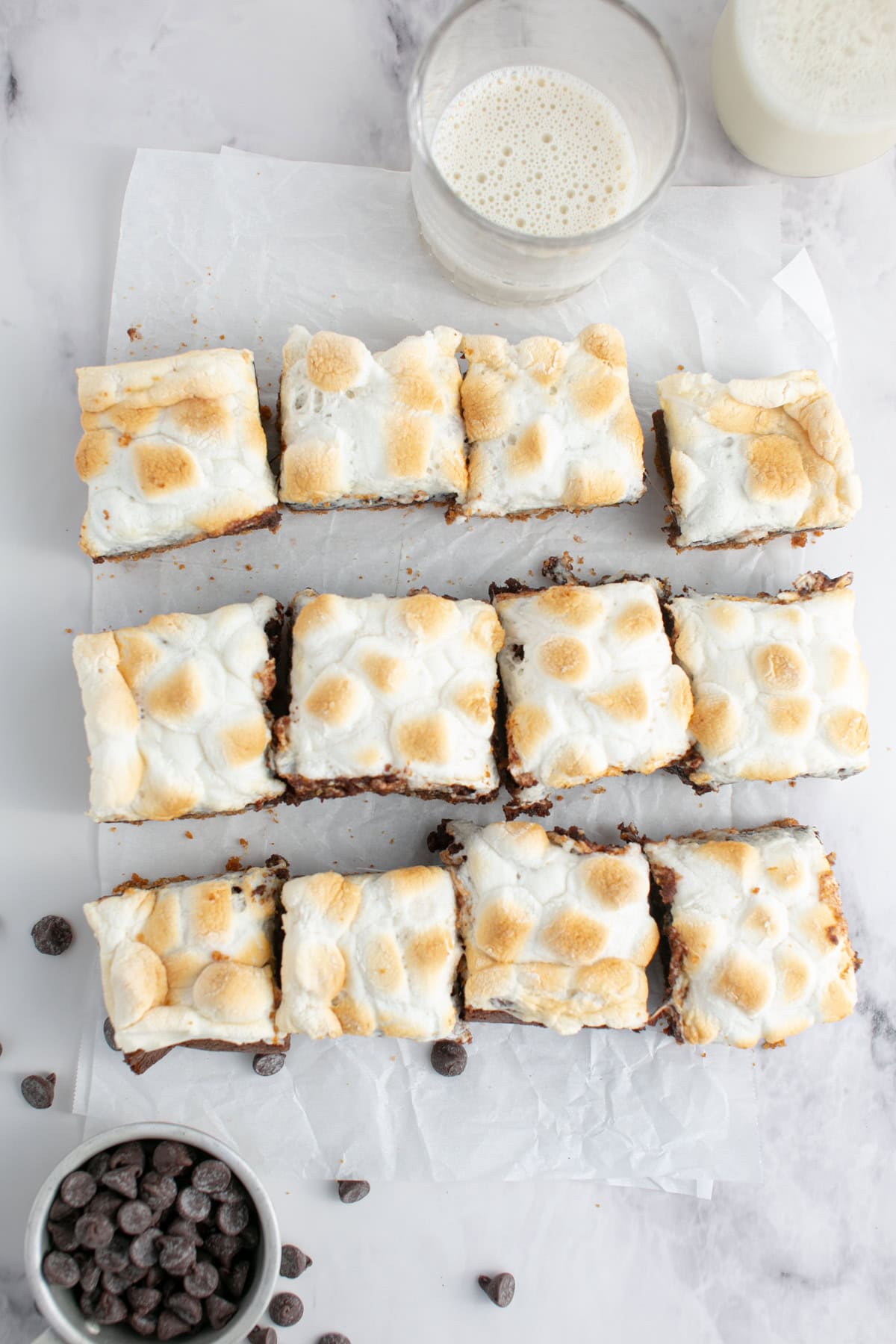 S’mores Brownie Recipe by a glass of milk.
