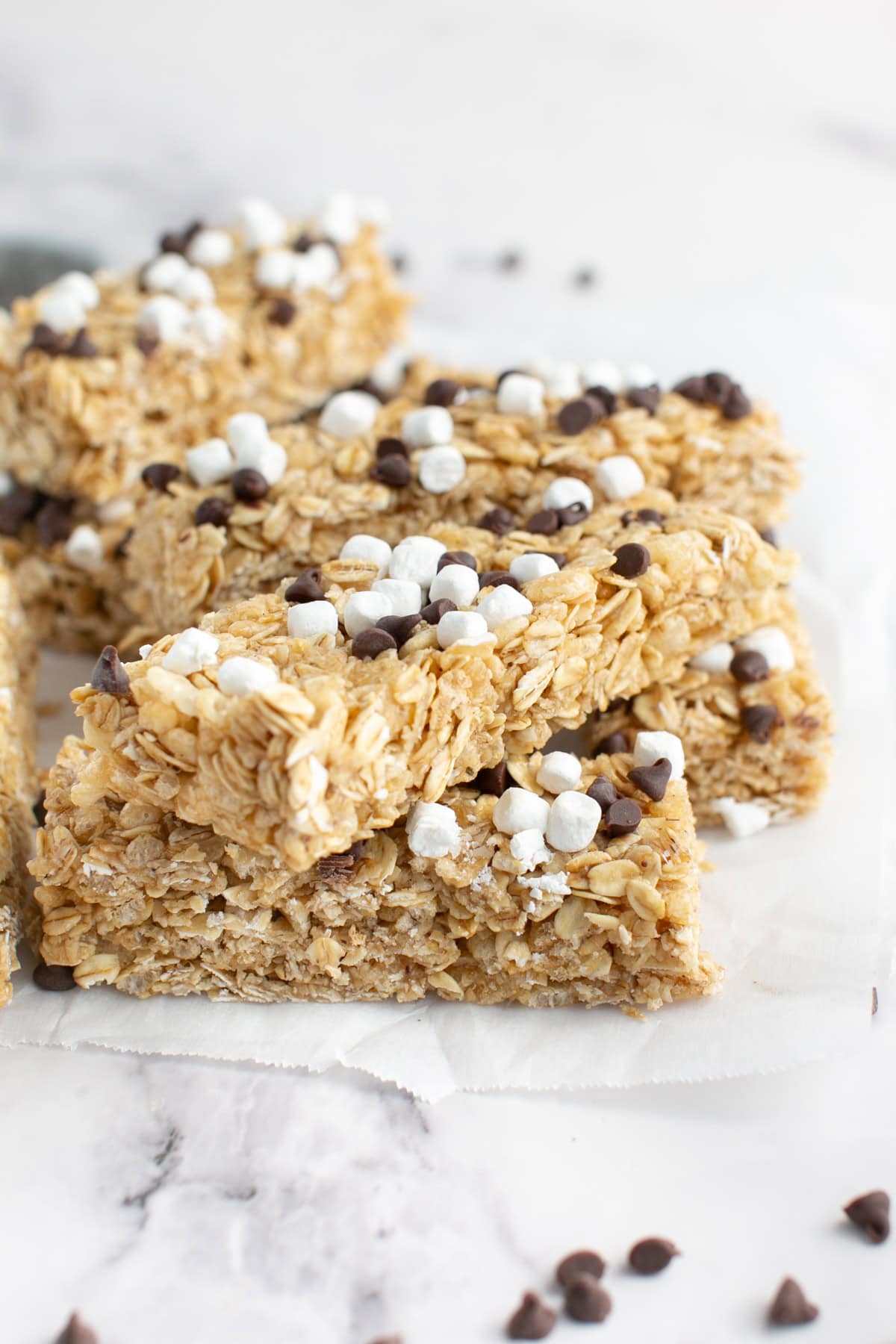 Chewy S’mores Granola Bars stacked on top of each other.