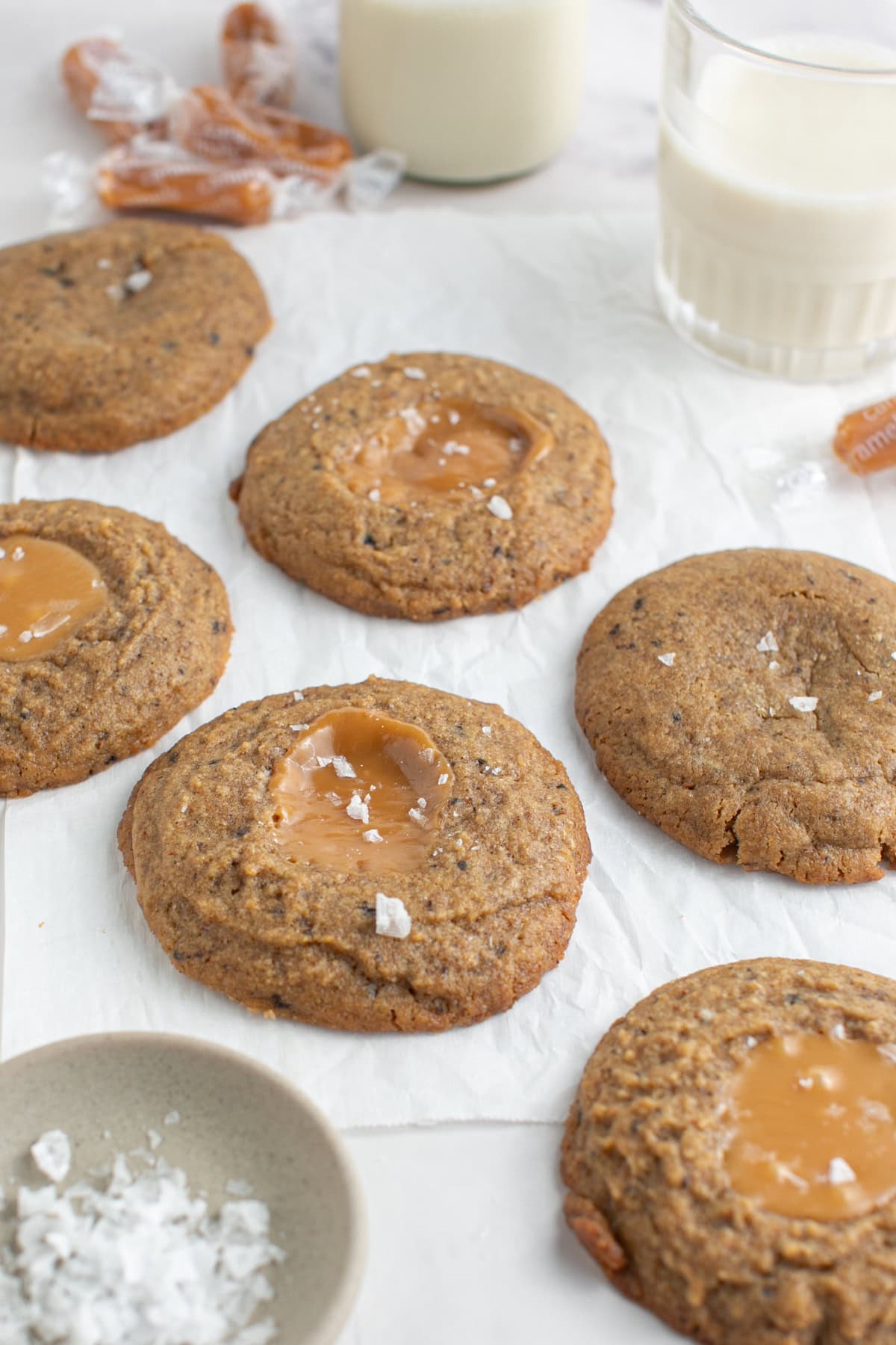 Chewy Caramel Coffee Cookies on parchment paper.