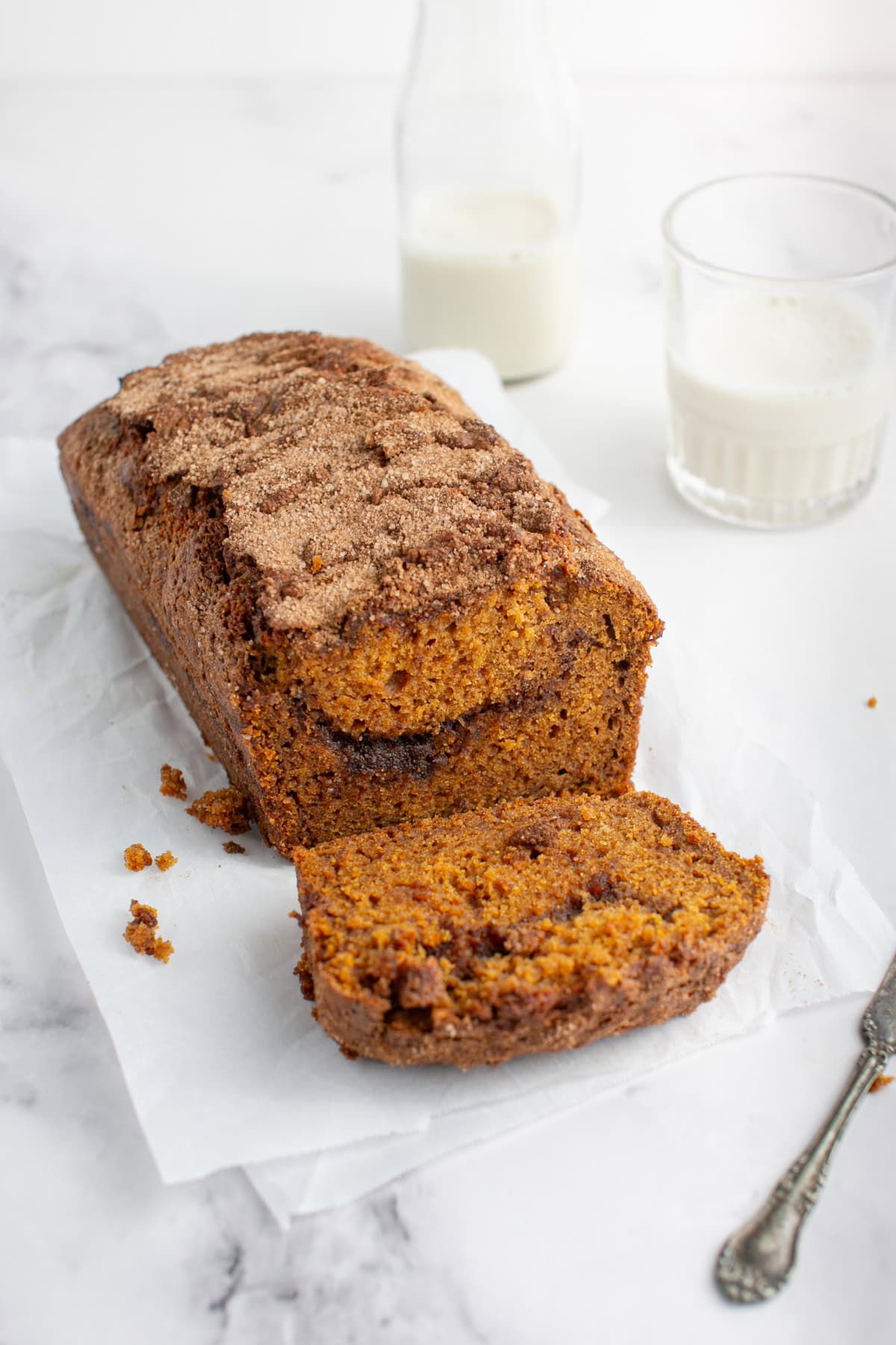 Pumpkin Maple Bread with Cinnamon Swirl Streusel sliced. 