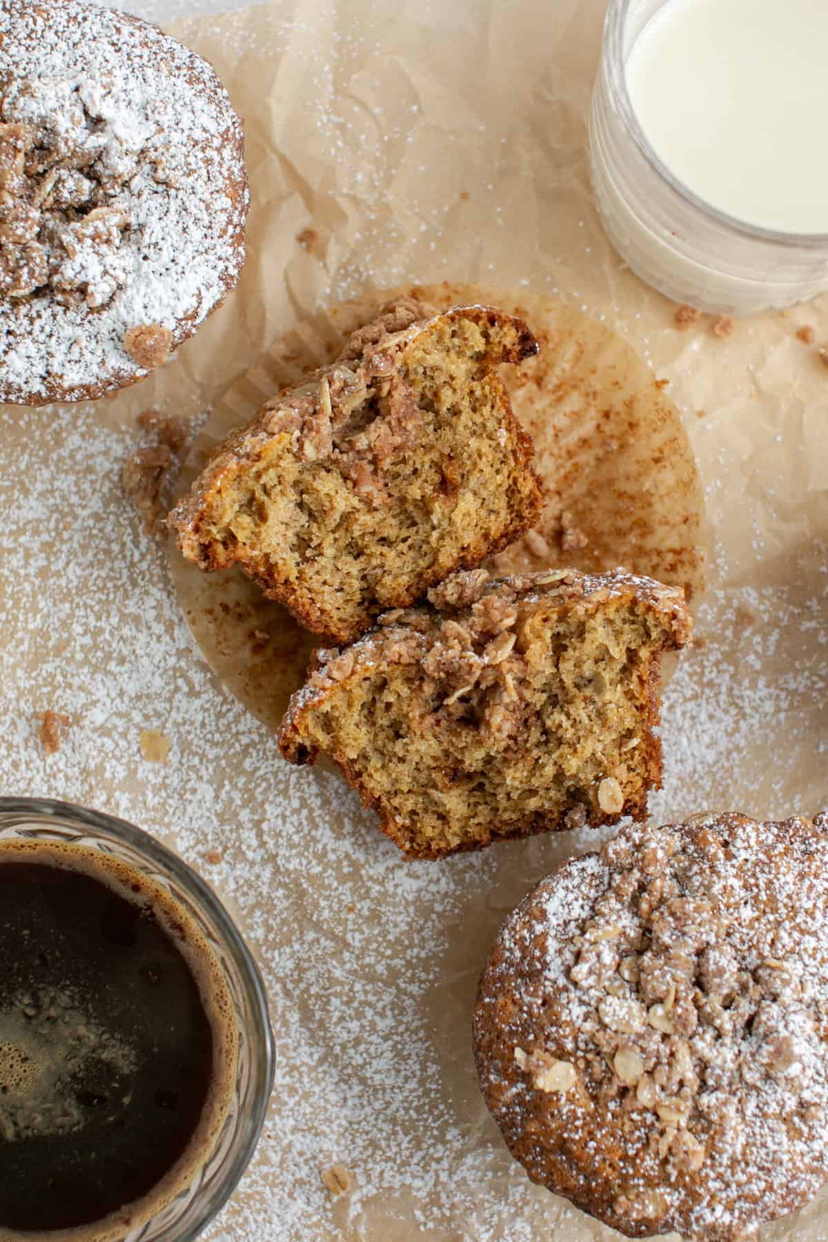 Chai Spiced Oat Crumble Muffins cut in half.