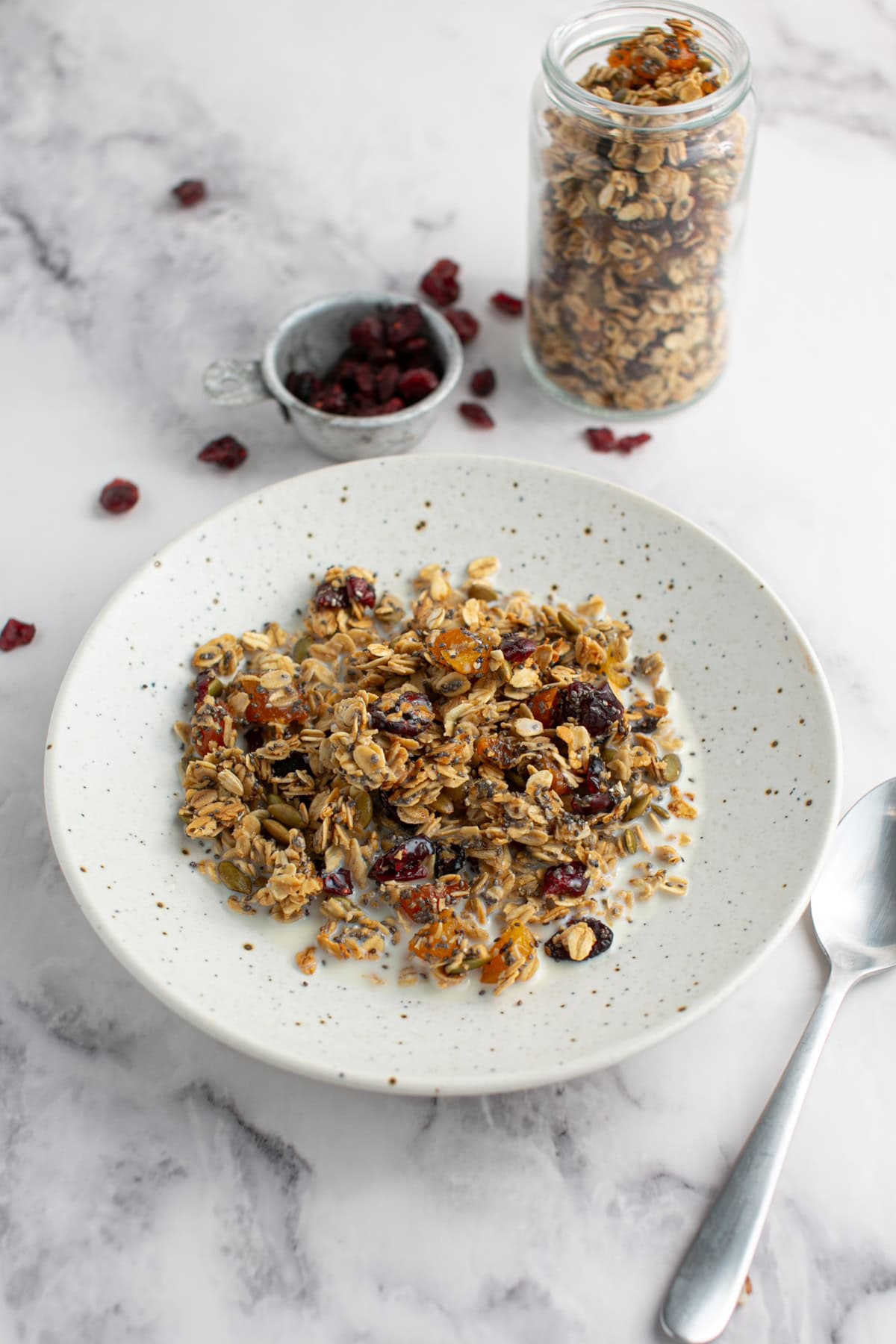 Maple Pumpkin Spice Granola in a bowl with milk.