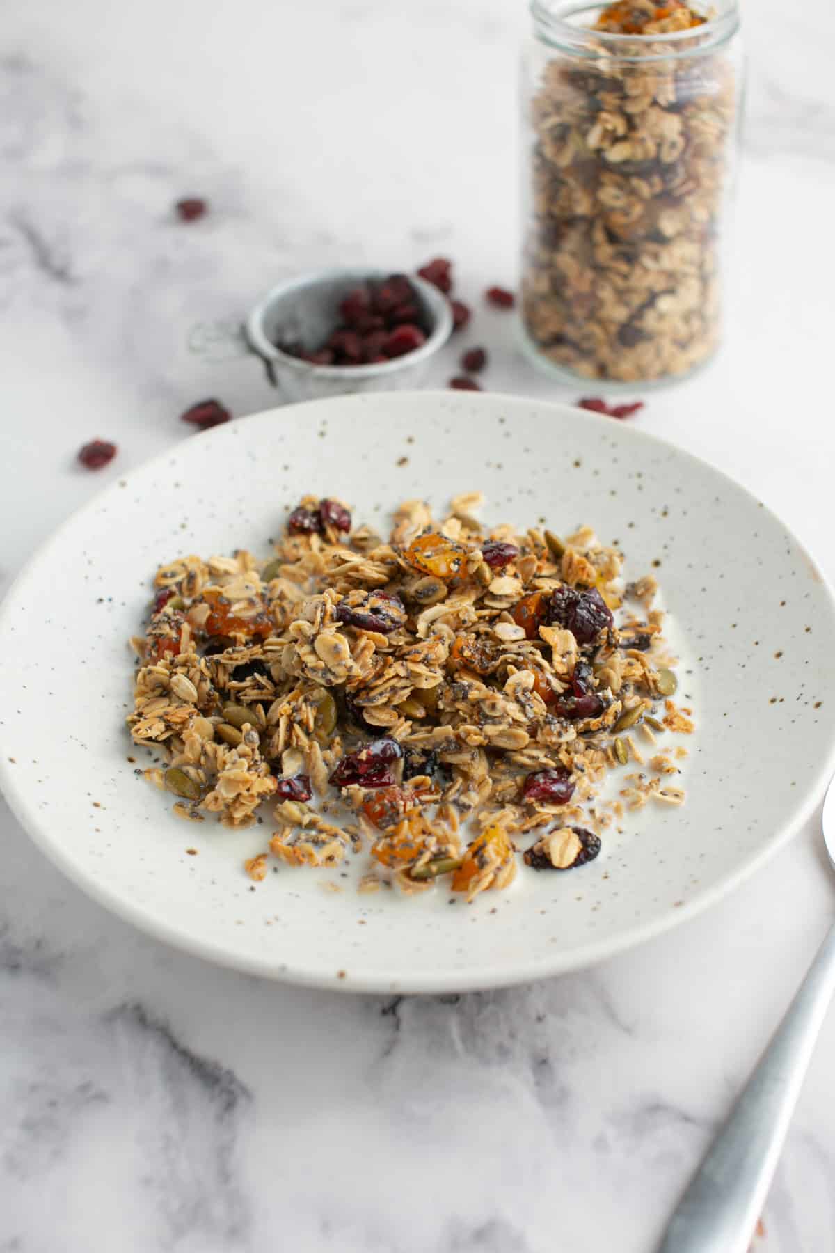 Maple Pumpkin Spice Granola in a bowl.