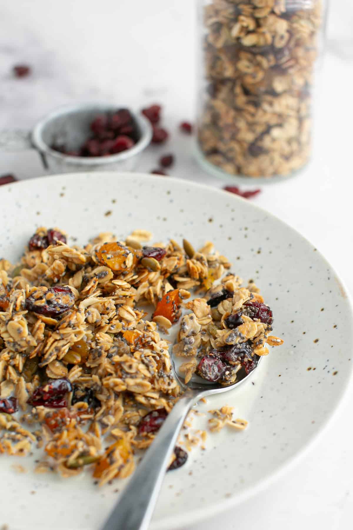 Maple Pumpkin Spice Granola in a bowl with milk and a spoon.